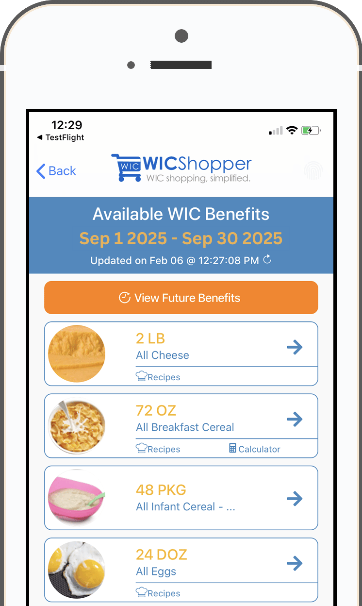 WICShopper benefits screen